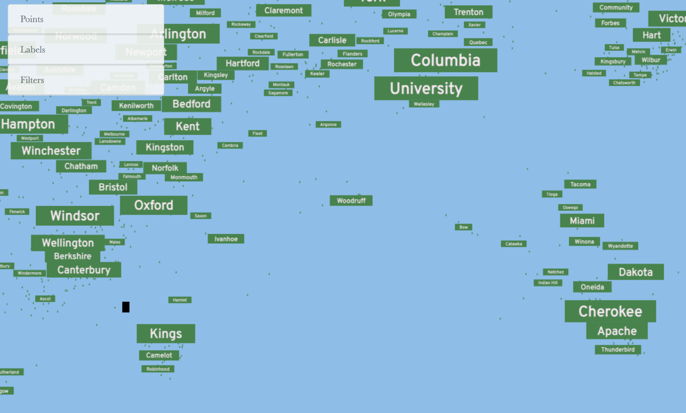 A number of green street signs arrayed in a scatterplot shape.